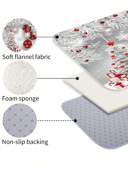 Christmas Decorations 4pcs Silver White Red Shower Curtain Bathroom Set,Winter Snowflake Tree Ornament Waterproof And Wear-Resistant Bathroom Decor And Accessories,With 12 Hooks- Includes Toilet Seat