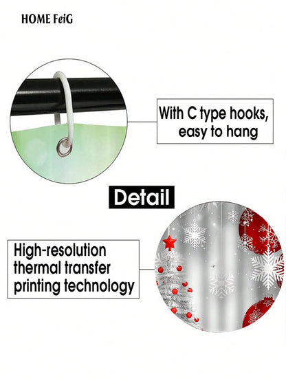 Christmas Decorations 4pcs Silver White Red Shower Curtain Bathroom Set,Winter Snowflake Tree Ornament Waterproof And Wear-Resistant Bathroom Decor And Accessories,With 12 Hooks- Includes Toilet Seat