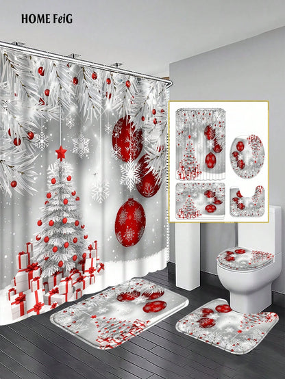 Christmas Decorations 4pcs Silver White Red Shower Curtain Bathroom Set,Winter Snowflake Tree Ornament Waterproof And Wear-Resistant Bathroom Decor And Accessories,With 12 Hooks- Includes Toilet Seat