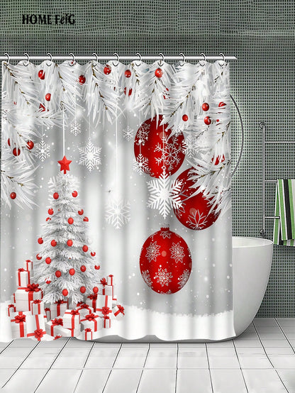 Christmas Decorations 4pcs Silver White Red Shower Curtain Bathroom Set,Winter Snowflake Tree Ornament Waterproof And Wear-Resistant Bathroom Decor And Accessories,With 12 Hooks- Includes Toilet Seat