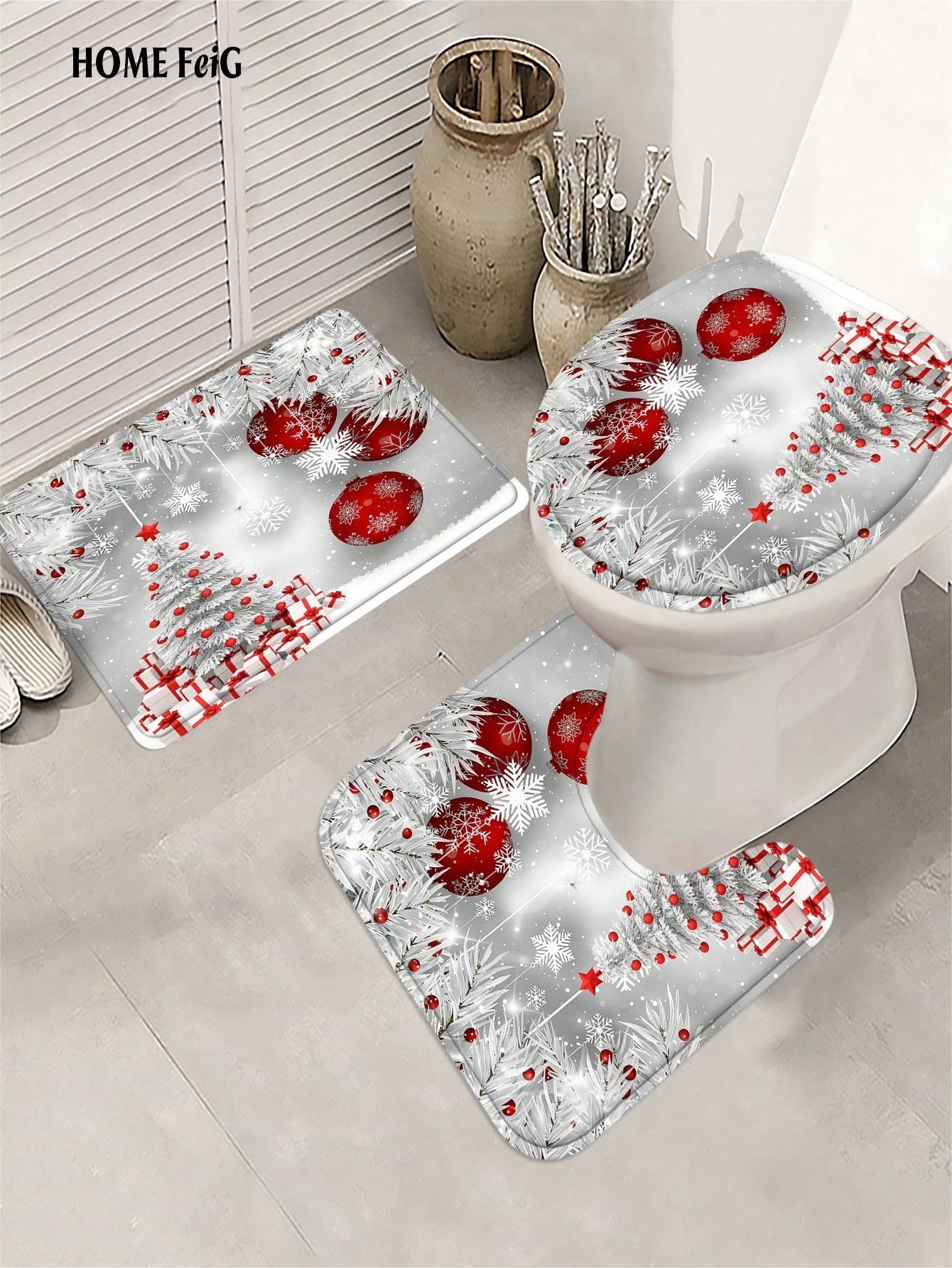 Christmas Decorations 4pcs Silver White Red Shower Curtain Bathroom Set,Winter Snowflake Tree Ornament Waterproof And Wear-Resistant Bathroom Decor And Accessories,With 12 Hooks- Includes Toilet Seat