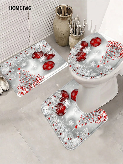 Christmas Decorations 4pcs Silver White Red Shower Curtain Bathroom Set,Winter Snowflake Tree Ornament Waterproof And Wear-Resistant Bathroom Decor And Accessories,With 12 Hooks- Includes Toilet Seat