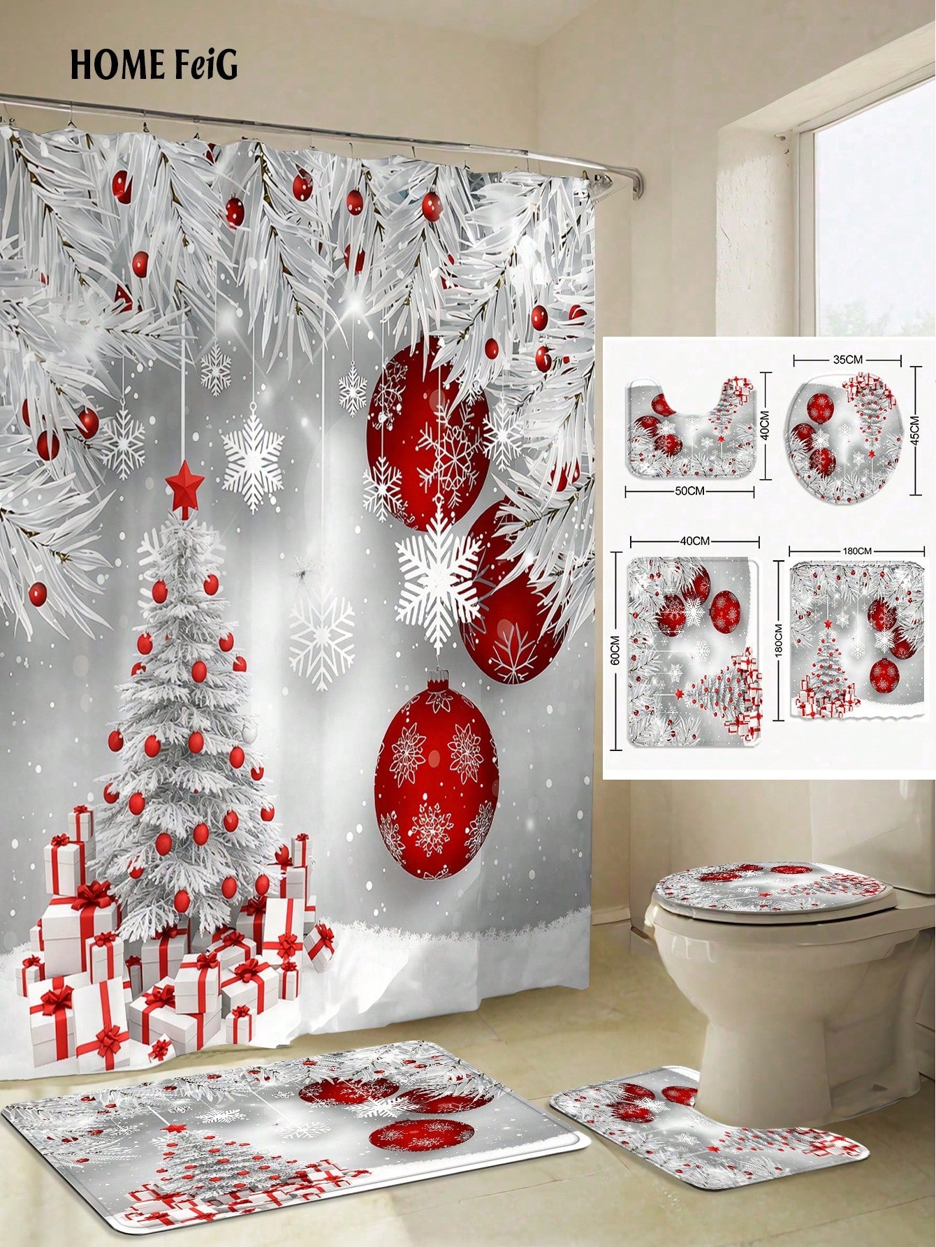 Christmas Decorations 4pcs Silver White Red Shower Curtain Bathroom Set,Winter Snowflake Tree Ornament Waterproof And Wear-Resistant Bathroom Decor And Accessories,With 12 Hooks- Includes Toilet Seat