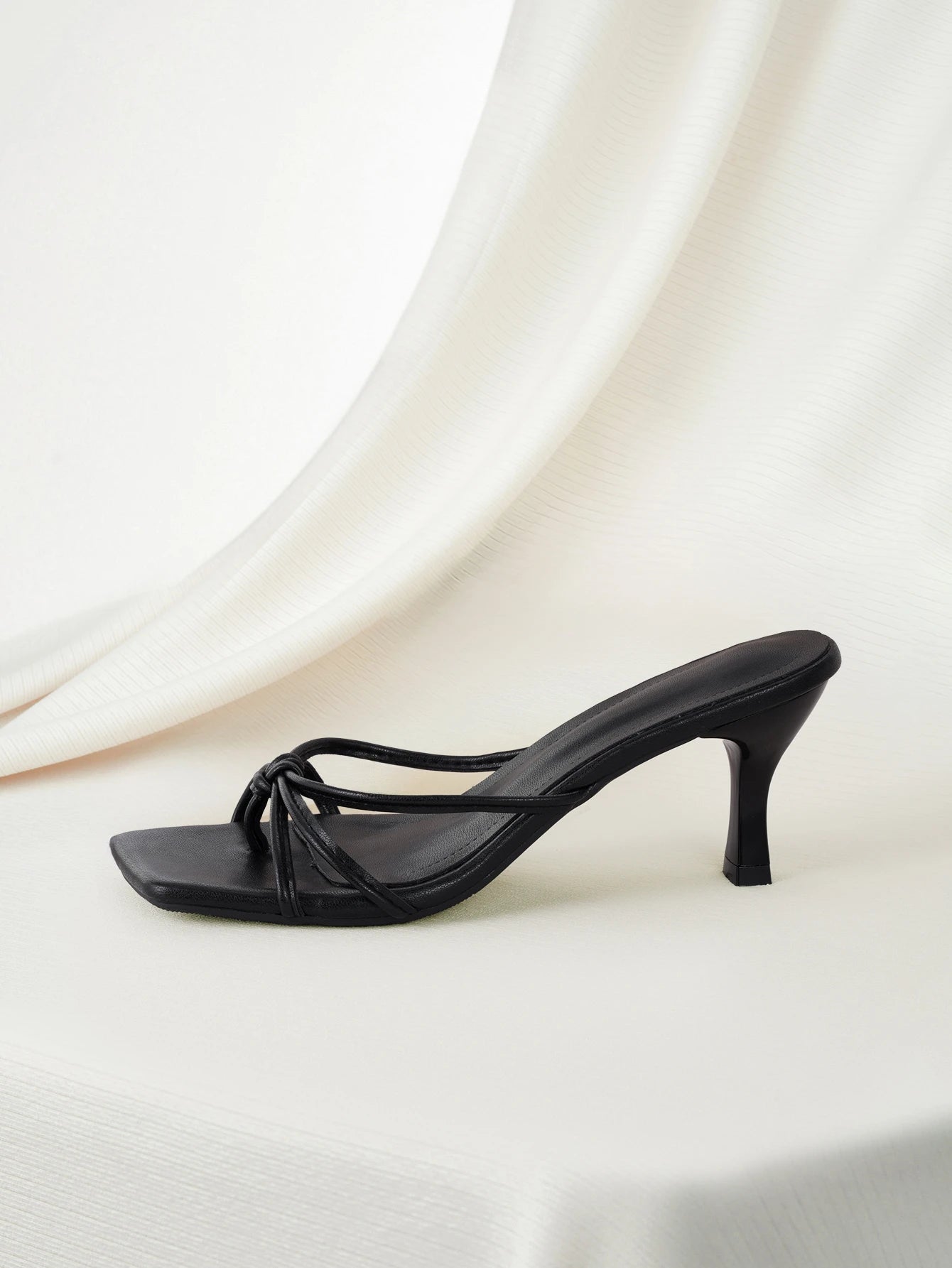Clariva Multiple Strap Criss-Cross Design Slip-On Black Square Toe Stiletto Heel Sandals, Fashionable High Heel Mules, Comfortable Black High Heels, Kitten Heel, Suitable For Any Formal Occasion For W