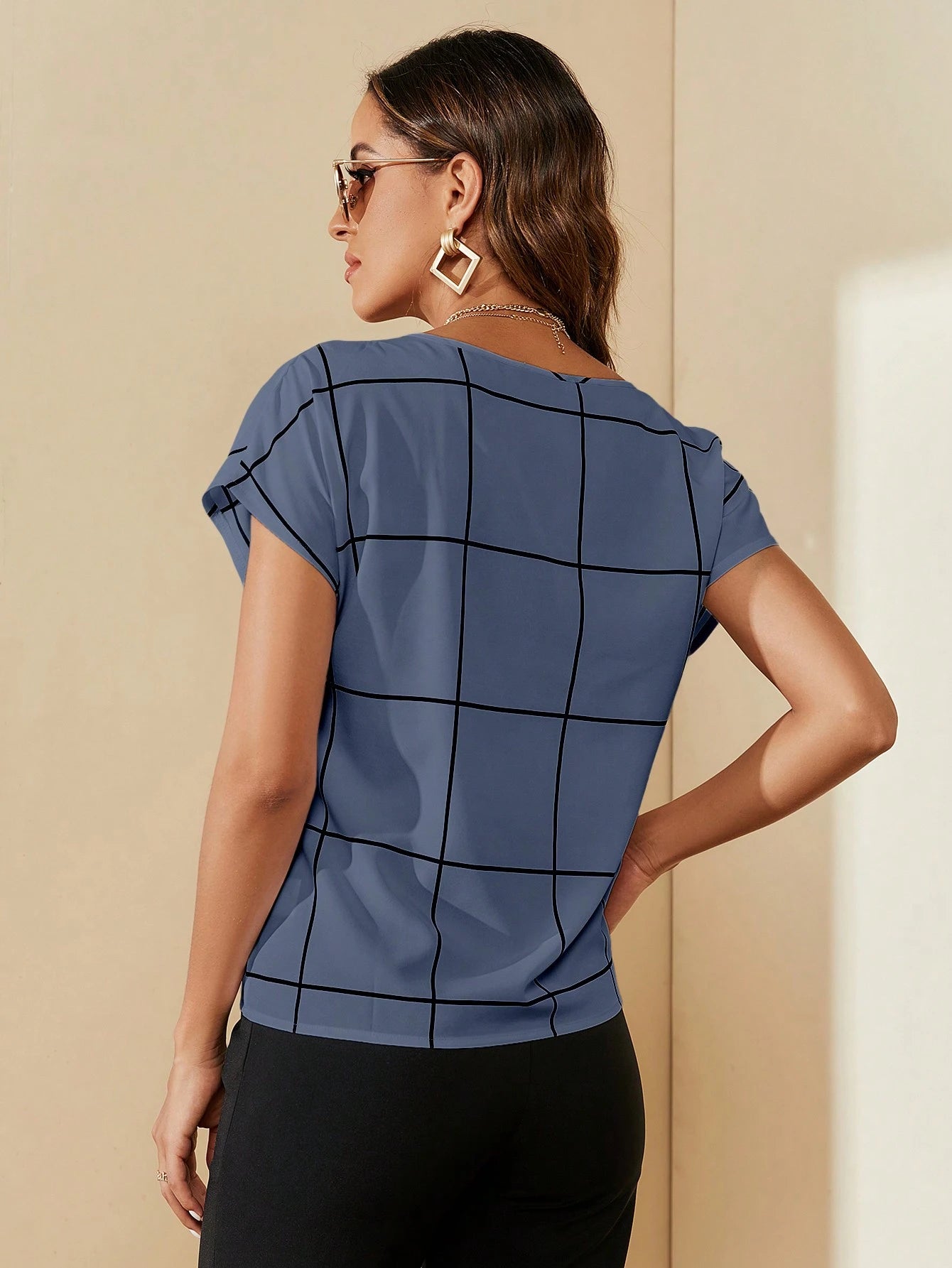 Clasi Casual Commuter Plaid Notched Neck Short Sleeve Shirt