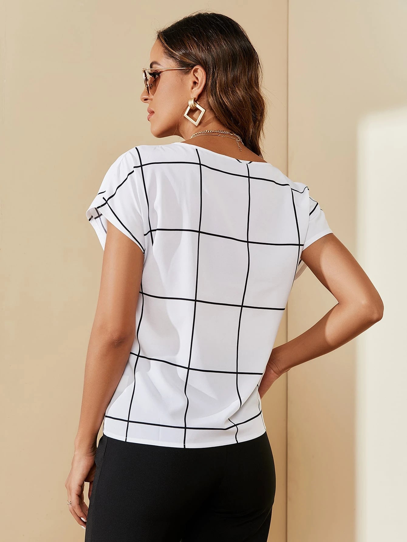 Clasi Casual Commuter Plaid Notched Neck Short Sleeve Shirt