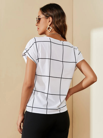 Clasi Casual Commuter Plaid Notched Neck Short Sleeve Shirt