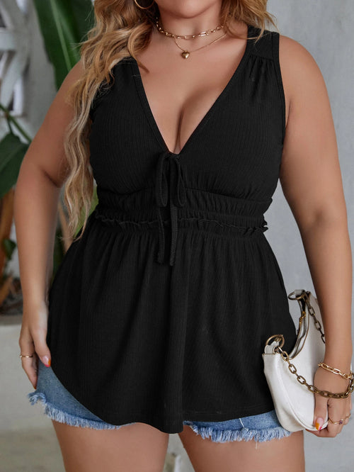 Clasi Plus Tie Front Frill Trim Tank Top