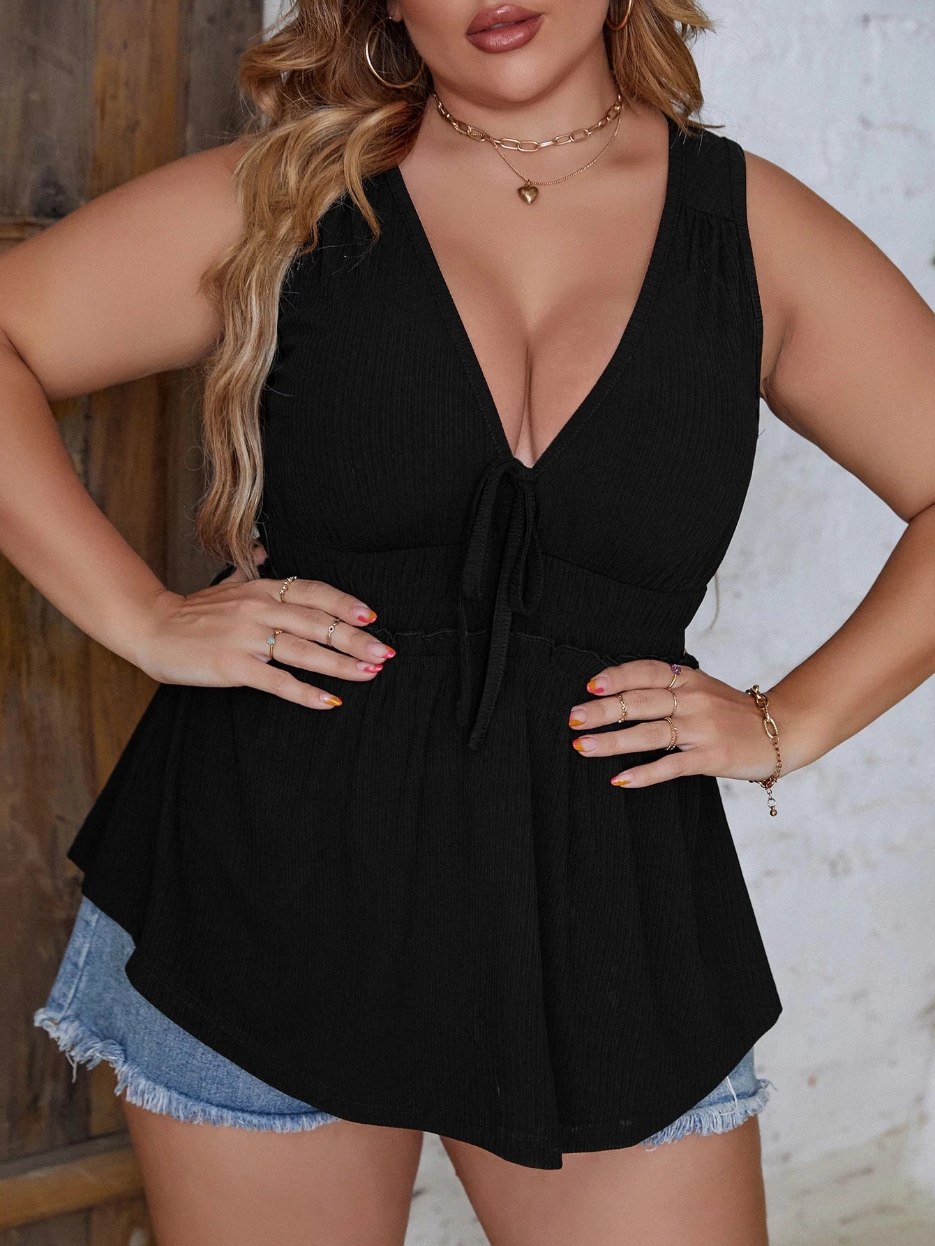 Clasi Plus Tie Front Frill Trim Tank Top