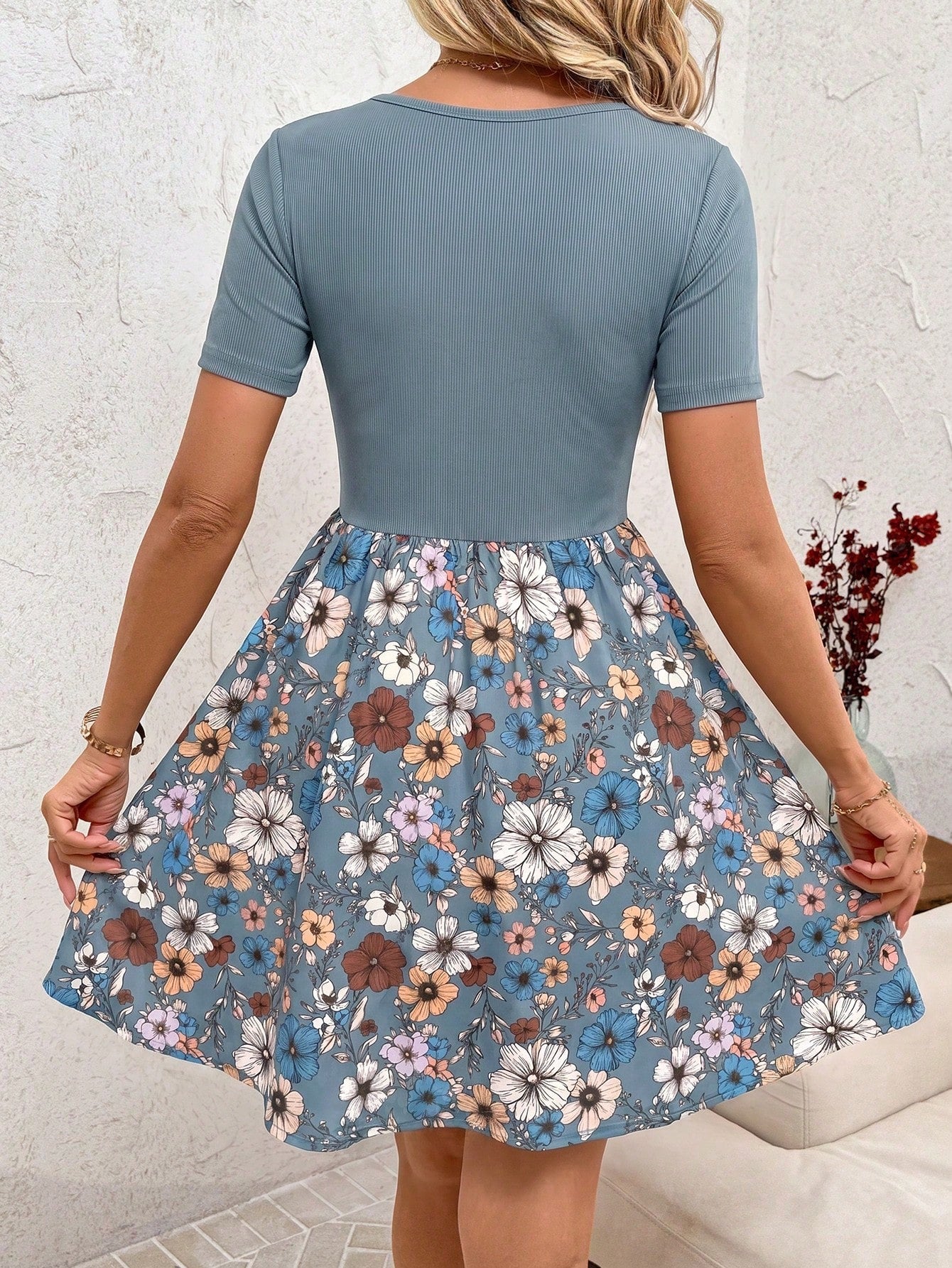 Clasi Women's Elegant Floral Print Splice Vacation Style Scoop Neck Waist Cinched Short Sleeve Dress, Summer,Casual Dresses For Women