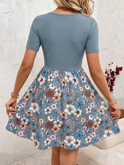 Clasi Women's Elegant Floral Print Splice Vacation Style Scoop Neck Waist Cinched Short Sleeve Dress, Summer,Casual Dresses For Women