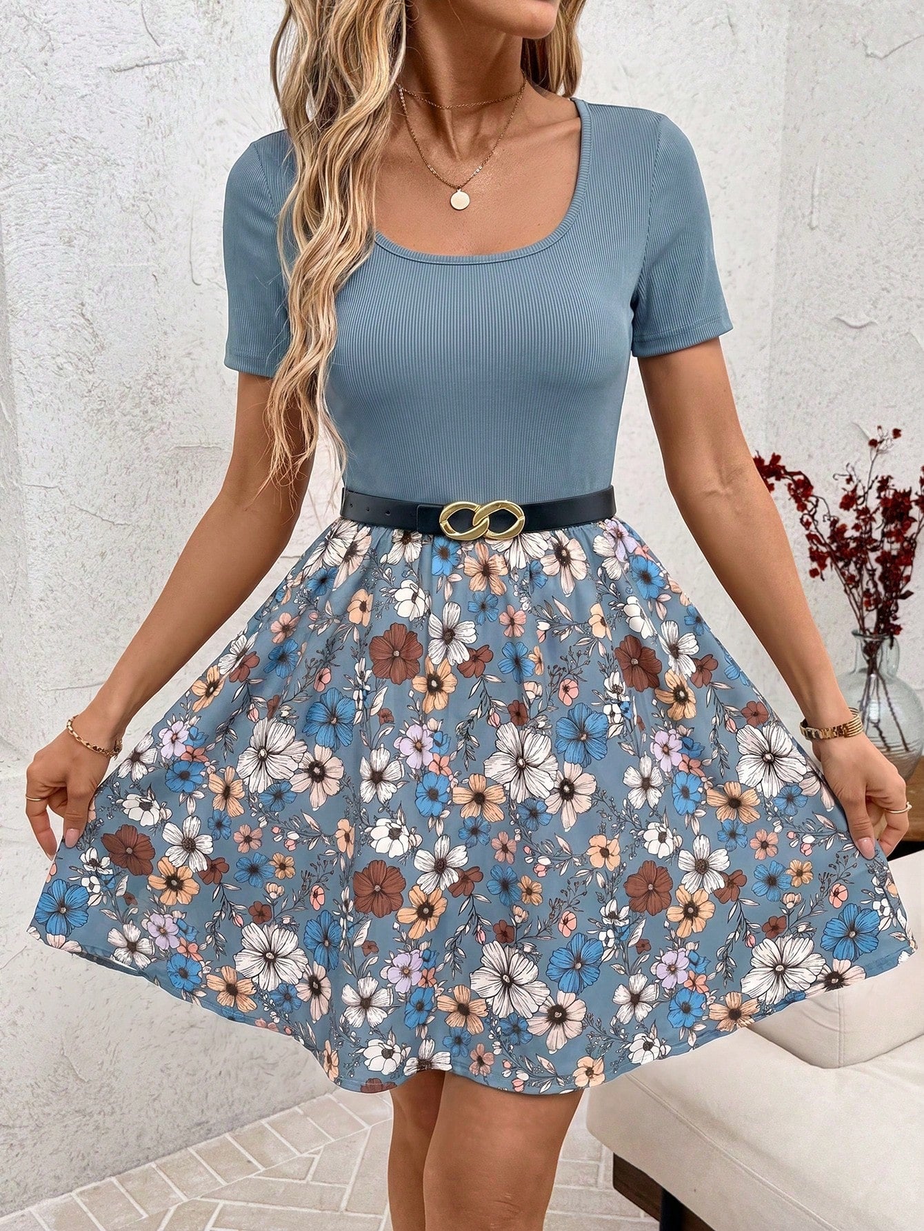Clasi Women's Elegant Floral Print Splice Vacation Style Scoop Neck Waist Cinched Short Sleeve Dress, Summer,Casual Dresses For Women
