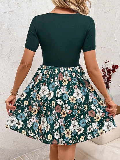 Clasi Women's Elegant Floral Print Splice Vacation Style Scoop Neck Waist Cinched Short Sleeve Dress, Summer,Casual Dresses For Women