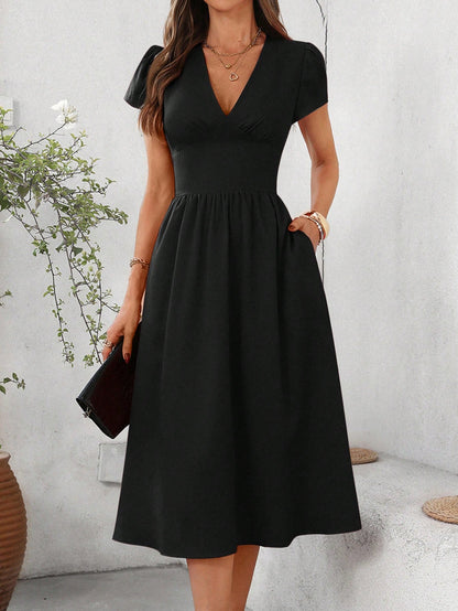 Clasi Women's Elegant Solid Color Asymmetric Pocket Cinched Waist V-Neck Flare Hem Mid-Length Dress,Dresses For Women Summer