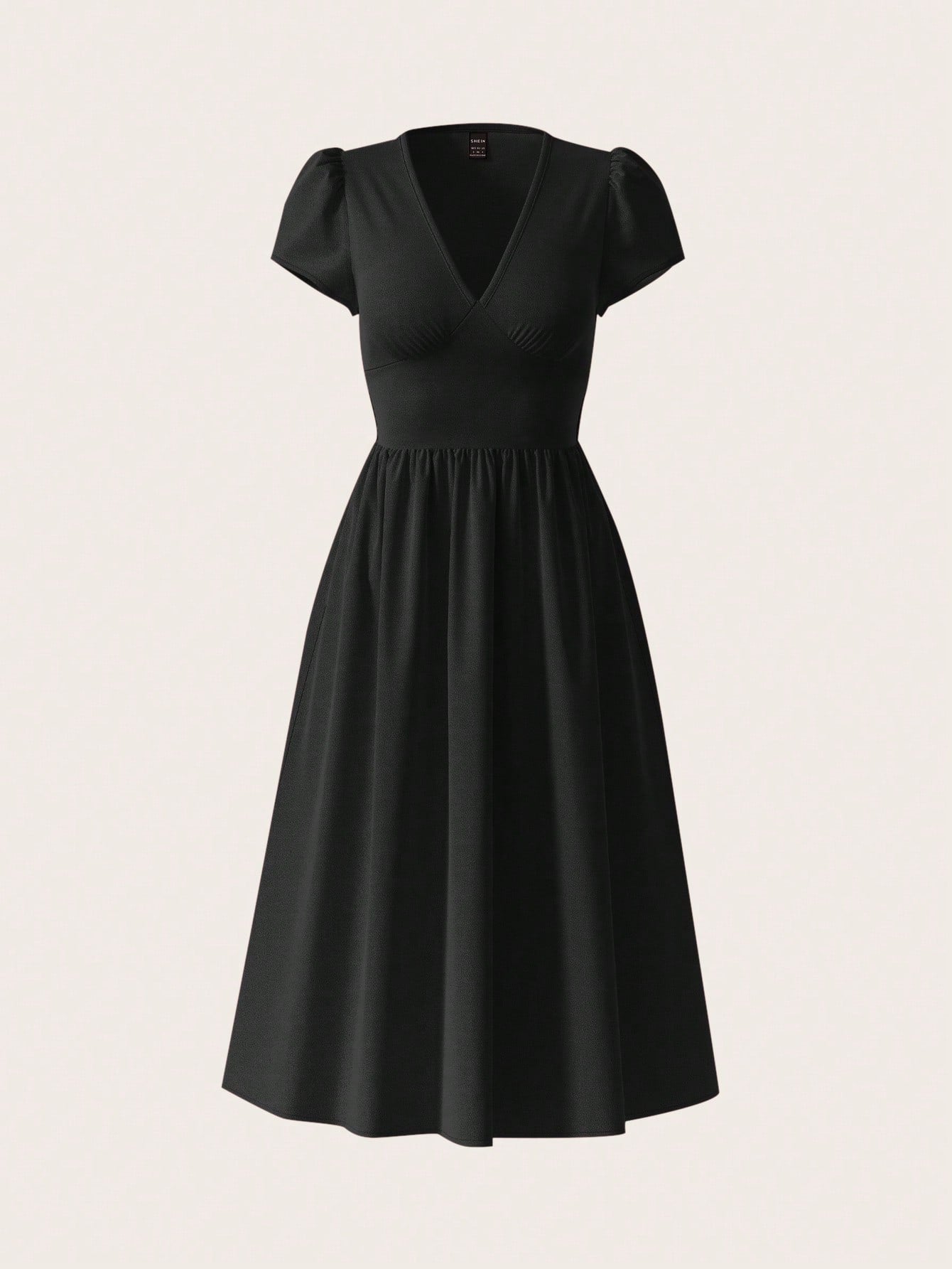 Clasi Women's Elegant Solid Color Asymmetric Pocket Cinched Waist V-Neck Flare Hem Mid-Length Dress,Dresses For Women Summer