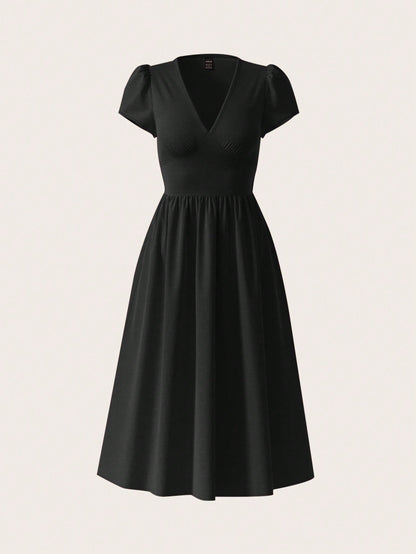 Clasi Women's Elegant Solid Color Asymmetric Pocket Cinched Waist V-Neck Flare Hem Mid-Length Dress,Dresses For Women Summer