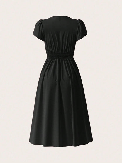 Clasi Women's Elegant Solid Color Asymmetric Pocket Cinched Waist V-Neck Flare Hem Mid-Length Dress,Dresses For Women Summer