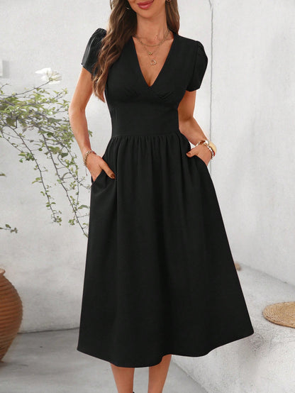 Clasi Women's Elegant Solid Color Asymmetric Pocket Cinched Waist V-Neck Flare Hem Mid-Length Dress,Dresses For Women Summer