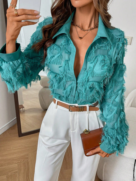 Clasi Women's Fashion Vacation Style Solid Color Fuzzy Trim Long Sleeve Shirt Fall Cloth For Women
