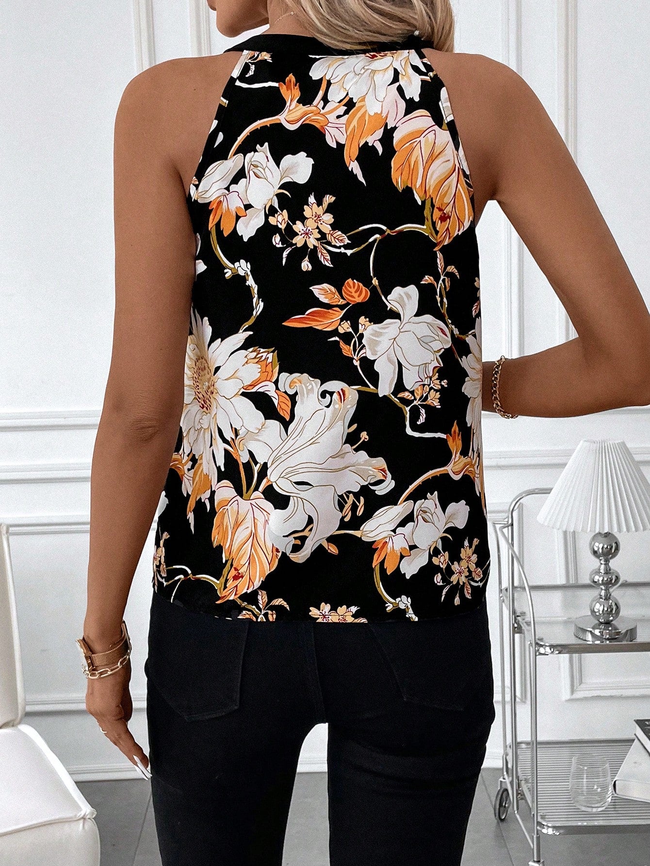 Clasi Women'S Flower Pattern Printed Notched Neckline Sleeveless Blouse,Sleeveless Tops
