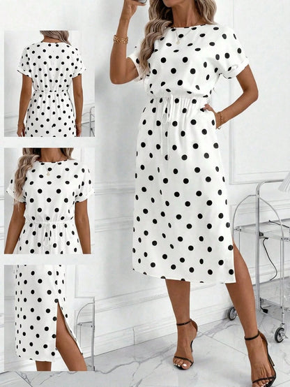 Clasi Women's White And Black Polka Dot Summer Elegant Tea Party Vacation Dress,Batwing Sleeve Vintage Casual Office Outfits,Formal Wedding Guest Clothes