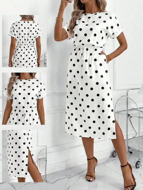 Clasi Women's White And Black Polka Dot Summer Elegant Tea Party Vacation Dress,Batwing Sleeve Vintage Casual Office Outfits,Formal Wedding Guest Clothes