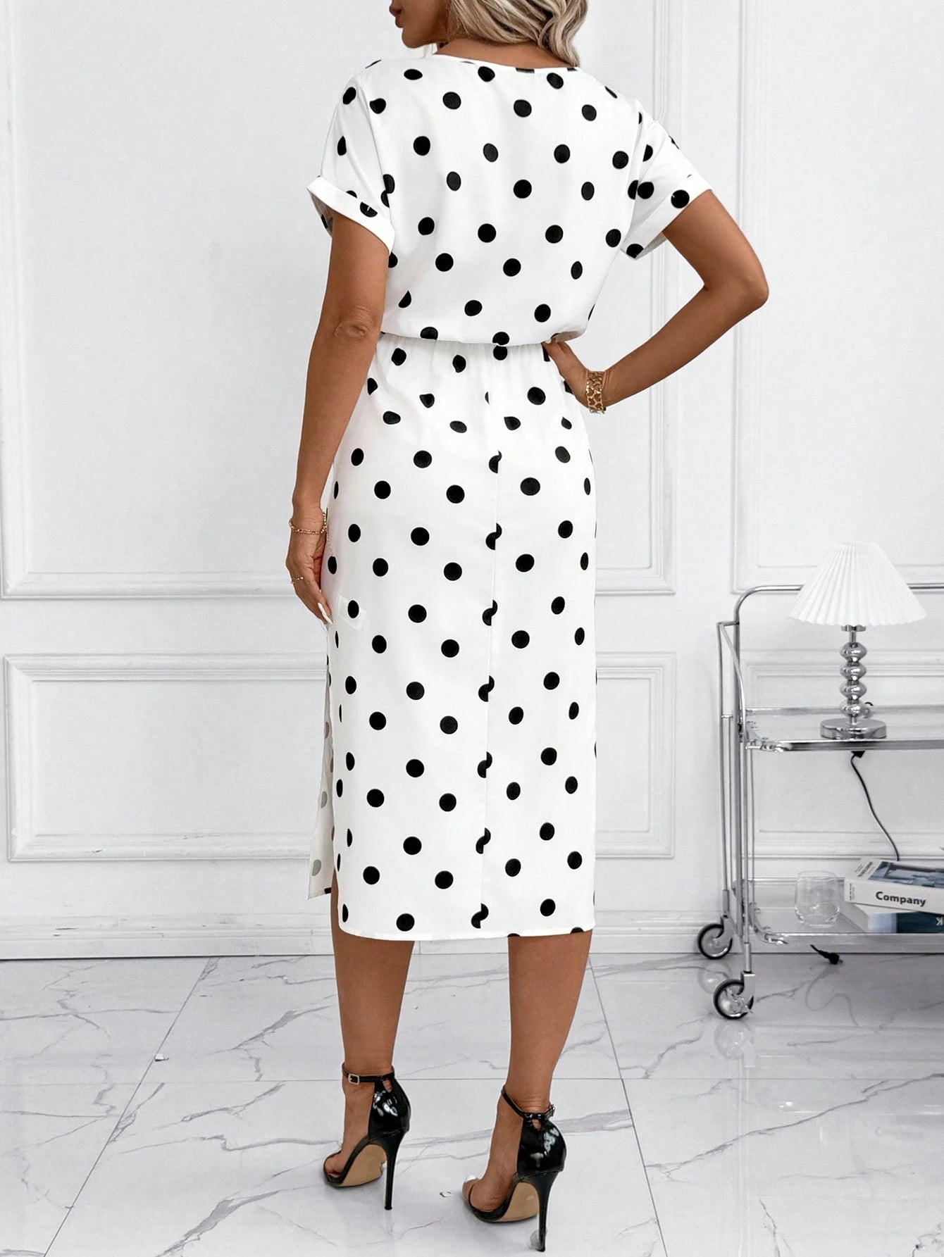 Clasi Women's White And Black Polka Dot Summer Elegant Tea Party Vacation Dress,Batwing Sleeve Vintage Casual Office Outfits,Formal Wedding Guest Clothes