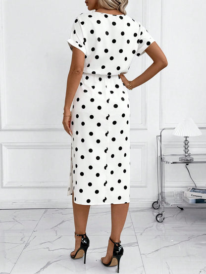 Clasi Women's White And Black Polka Dot Summer Elegant Tea Party Vacation Dress,Batwing Sleeve Vintage Casual Office Outfits,Formal Wedding Guest Clothes