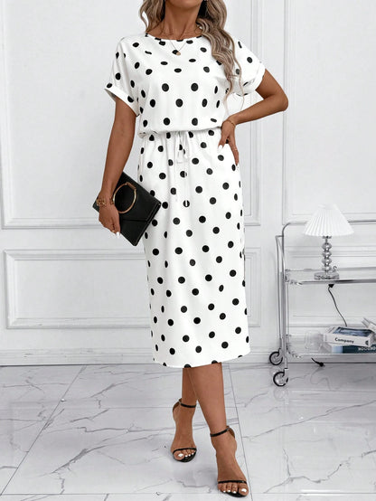 Clasi Women's White And Black Polka Dot Summer Elegant Tea Party Vacation Dress,Batwing Sleeve Vintage Casual Office Outfits,Formal Wedding Guest Clothes