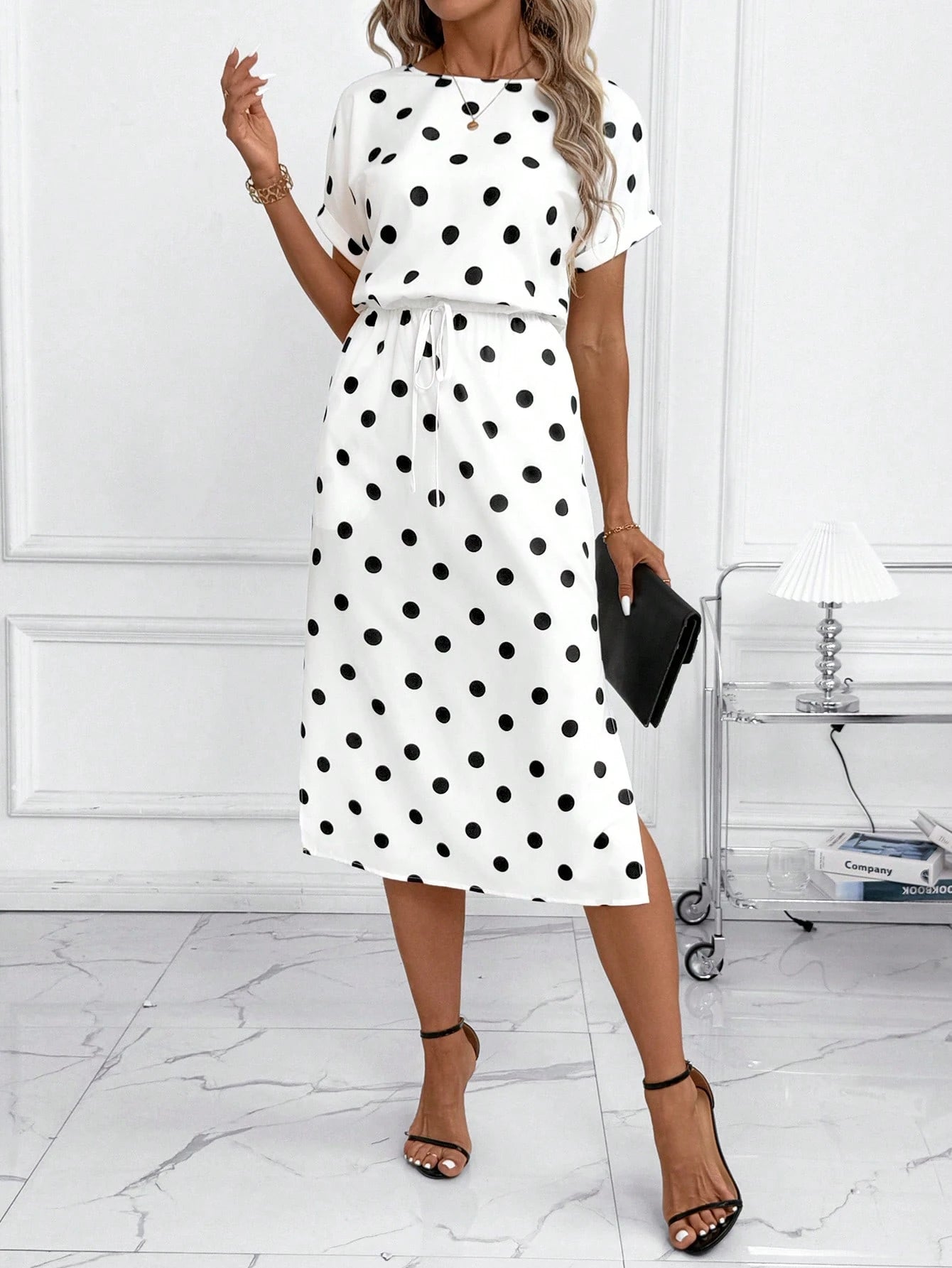 Clasi Women's White And Black Polka Dot Summer Elegant Tea Party Vacation Dress,Batwing Sleeve Vintage Casual Office Outfits,Formal Wedding Guest Clothes