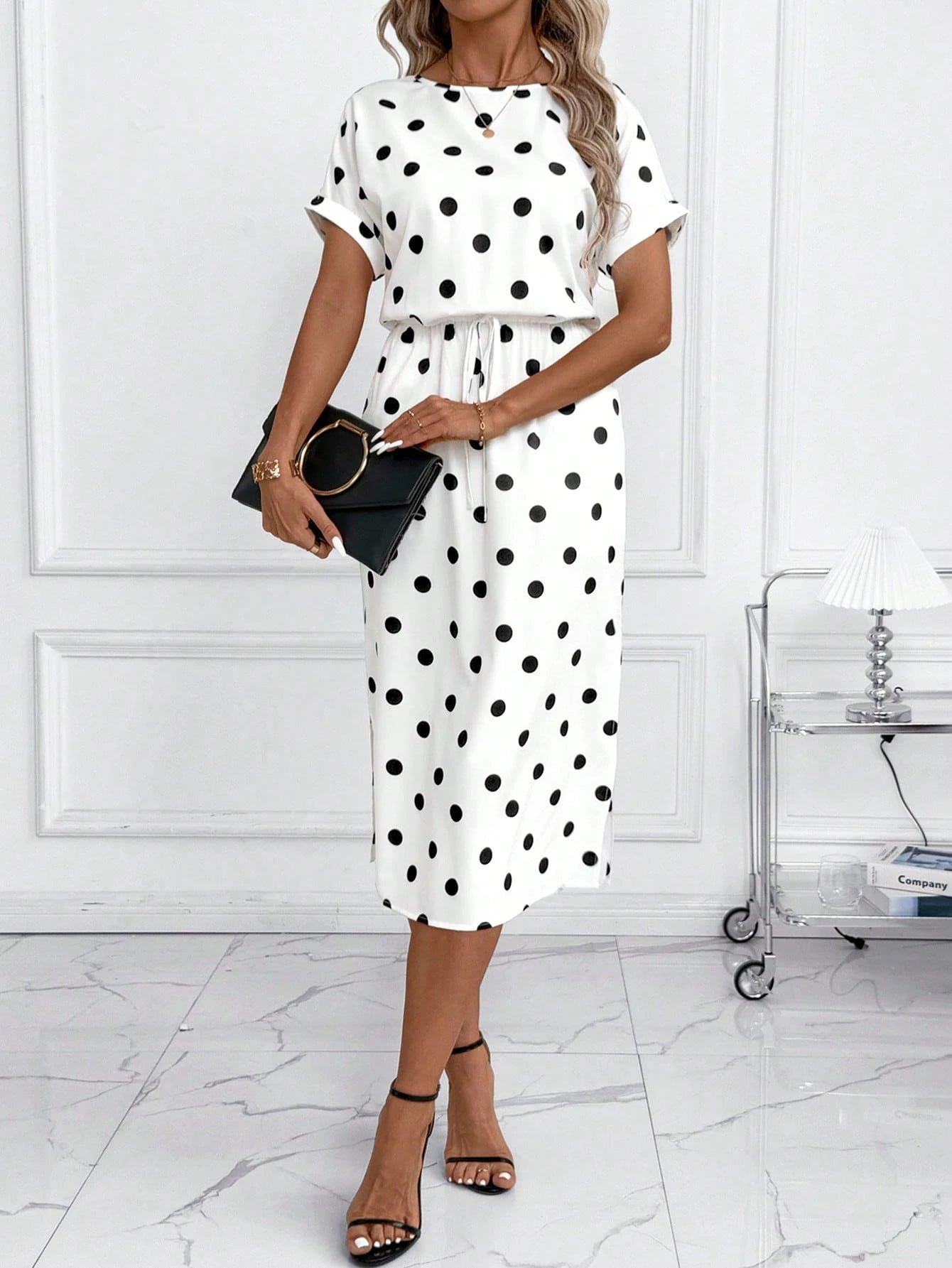 Clasi Women's White And Black Polka Dot Summer Elegant Tea Party Vacation Dress,Batwing Sleeve Vintage Casual Office Outfits,Formal Wedding Guest Clothes