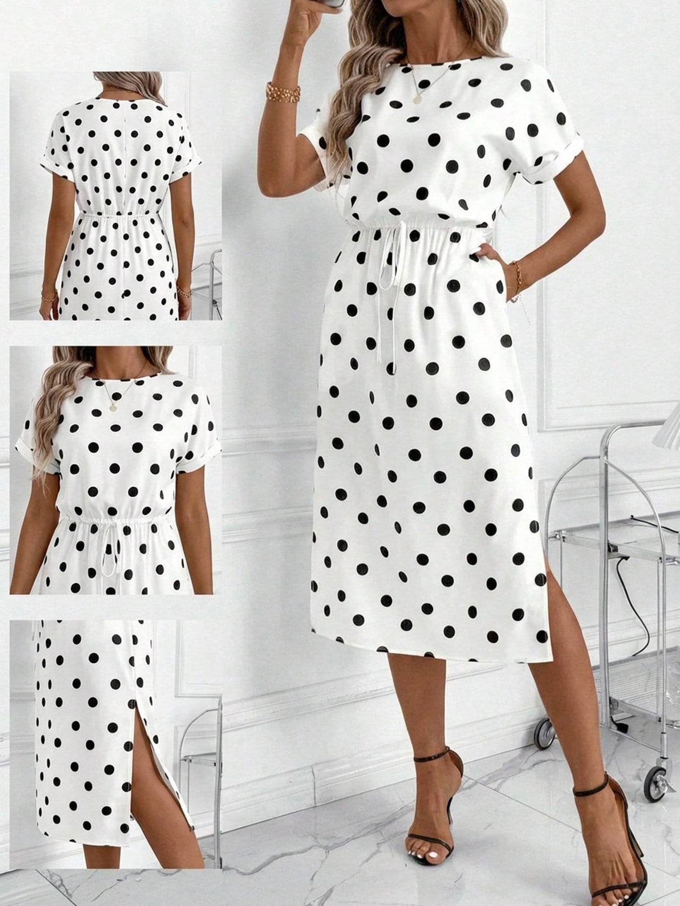 Clasi Women's White And Black Polka Dot Summer Elegant Tea Party Vacation Dress,Batwing Sleeve Vintage Casual Office Outfits,Formal Wedding Guest Clothes