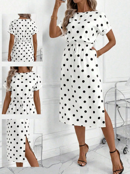 Clasi Women's White And Black Polka Dot Summer Elegant Tea Party Vacation Dress,Batwing Sleeve Vintage Casual Office Outfits,Formal Wedding Guest Clothes