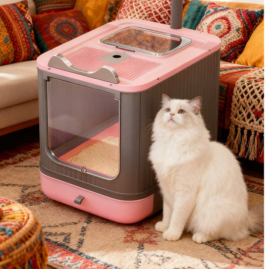 Cleaning Essential! Elf Open-Top Large Cat Litter Box- Two-Way Access, Litter Scatter Prevention, Fully Enclosed Odor Lock, Includes A Scoop + Pet Comb For Enhanced Efficiency. The Comb Effortlessly