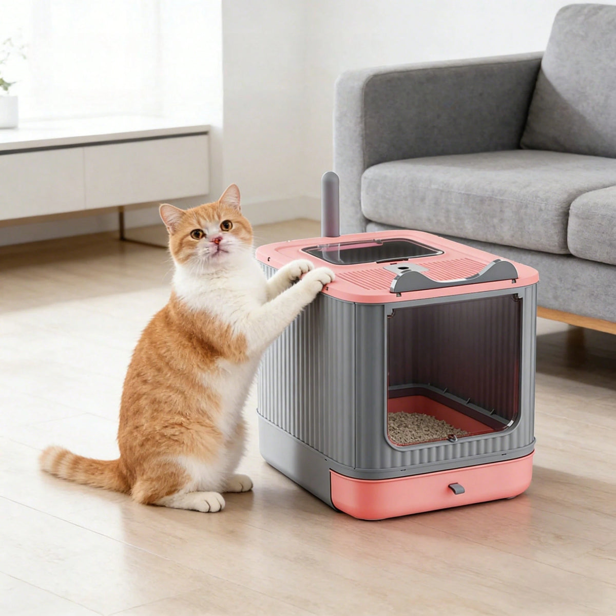 Cleaning Essential! Elf Open-Top Large Cat Litter Box- Two-Way Access, Litter Scatter Prevention, Fully Enclosed Odor Lock, Includes A Scoop + Pet Comb For Enhanced Efficiency. The Comb Effortlessly