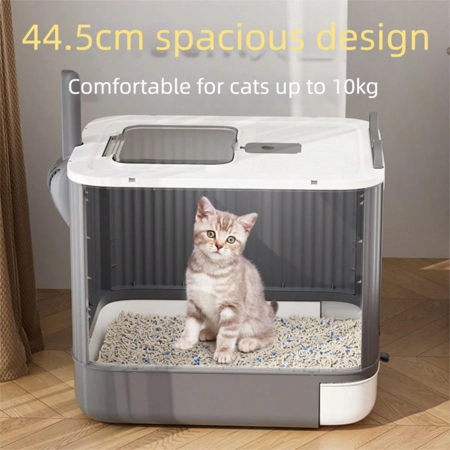 Cleaning Essential! Elf Open-Top Large Cat Litter Box- Two-Way Access, Litter Scatter Prevention, Fully Enclosed Odor Lock, Includes A Scoop + Pet Comb For Enhanced Efficiency. The Comb Effortlessly