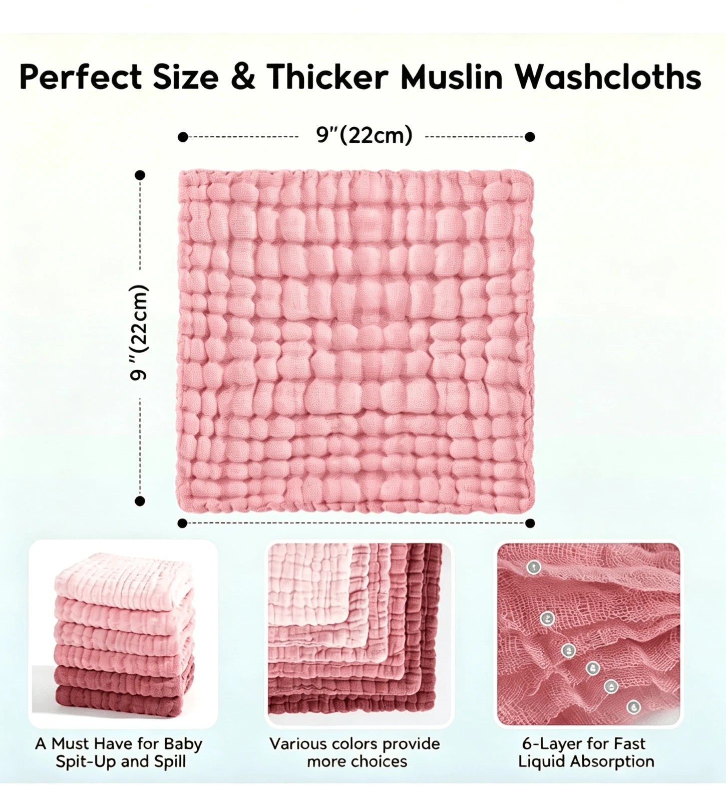 CN. 12pcs 20x10 Inch/9x9 Inch Muslin Baby Washcloths 100% O-Rganic Cotton,Baby Stuff,Face Towels Wash Cloths For Baby Soft And Absorbent Baby Wipes