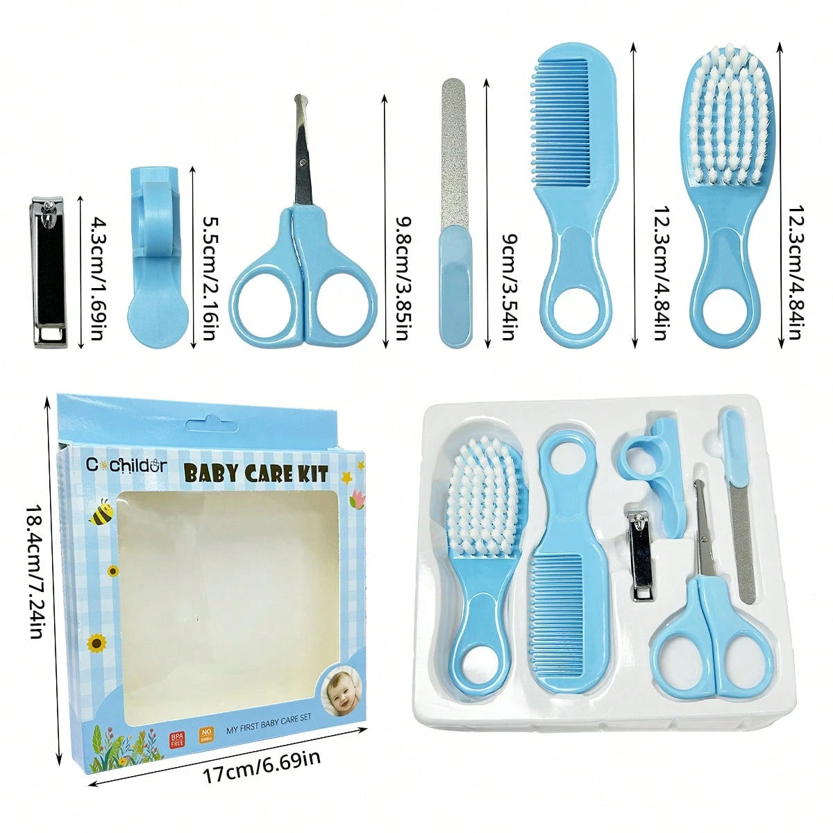 Cochildor Baby Hygiene Care Set 6Pcs, Hair Tools & Nail Clipper, Plastic Grooming Kit, Great Gift For Kids