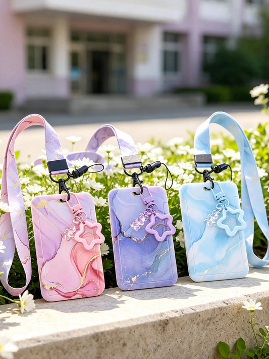 Colorful Printed Card Holder ID Badge Clip- With Star Pendant, Fashionable ID Card Holder With Lanyard, Multi-Purpose Storage Bag For Cards, Keys, Small Items, Casual Floral Pattern ID Card Holder, S