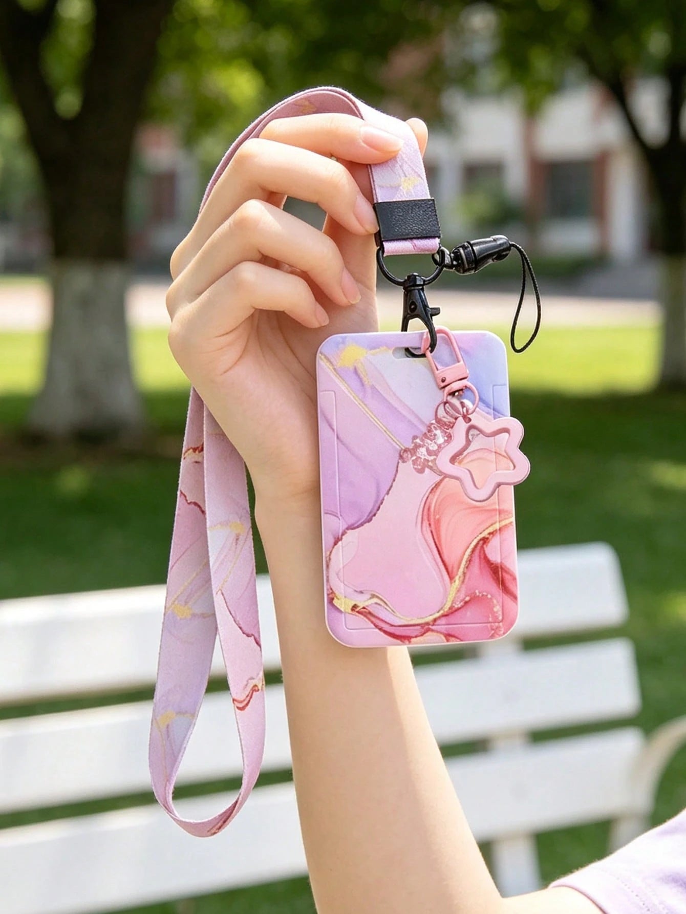 Colorful Printed Card Holder ID Badge Clip- With Star Pendant, Fashionable ID Card Holder With Lanyard, Multi-Purpose Storage Bag For Cards, Keys, Small Items, Casual Floral Pattern ID Card Holder, S