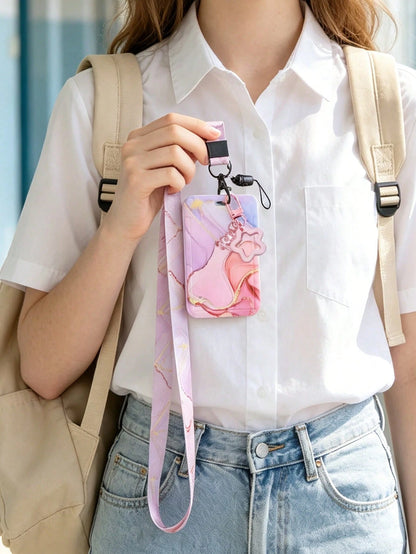 Colorful Printed Card Holder ID Badge Clip- With Star Pendant, Fashionable ID Card Holder With Lanyard, Multi-Purpose Storage Bag For Cards, Keys, Small Items, Casual Floral Pattern ID Card Holder, S