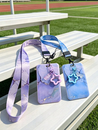Colorful Printed Card Holder ID Badge Clip- With Star Pendant, Fashionable ID Card Holder With Lanyard, Multi-Purpose Storage Bag For Cards, Keys, Small Items, Casual Floral Pattern ID Card Holder, S
