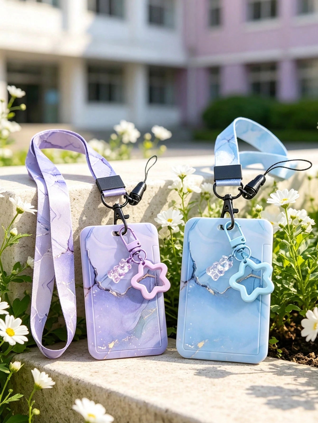 Colorful Printed Card Holder ID Badge Clip- With Star Pendant, Fashionable ID Card Holder With Lanyard, Multi-Purpose Storage Bag For Cards, Keys, Small Items, Casual Floral Pattern ID Card Holder, S