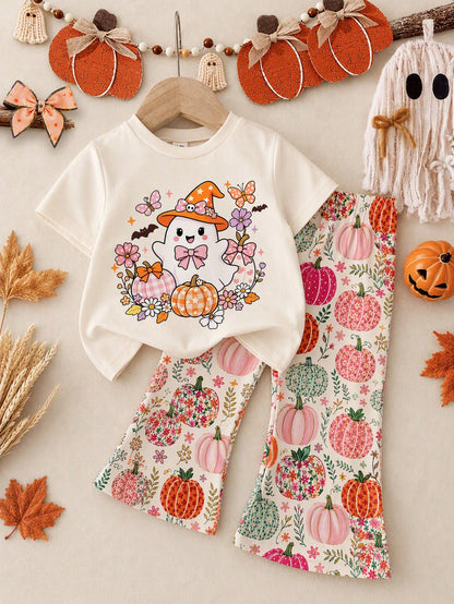 Colorful Warm Apricot, Cute Halloween Pastoral Pumpkin & Floral, Coquette Ghost, Little Miss Bootiful, Baby Girl Casual Minimalist Round Neck Short Sleeve T-Shirt & Flare Pants 2-Piece Set, Suitable F