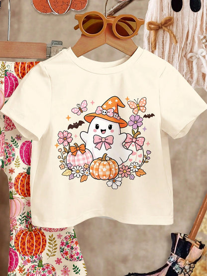Colorful Warm Apricot, Cute Halloween Pastoral Pumpkin & Floral, Coquette Ghost, Little Miss Bootiful, Baby Girl Casual Minimalist Round Neck Short Sleeve T-Shirt & Flare Pants 2-Piece Set, Suitable F