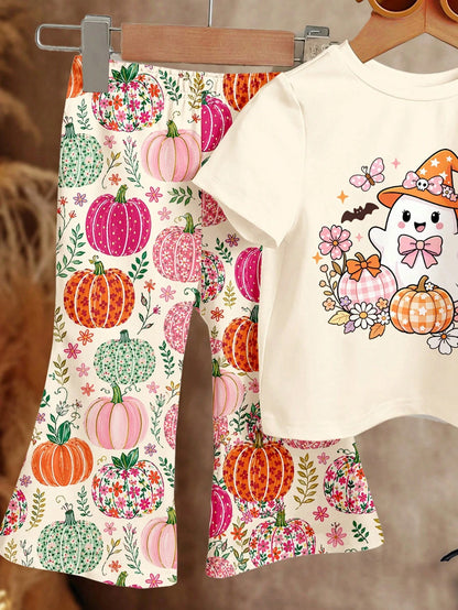 Colorful Warm Apricot, Cute Halloween Pastoral Pumpkin & Floral, Coquette Ghost, Little Miss Bootiful, Baby Girl Casual Minimalist Round Neck Short Sleeve T-Shirt & Flare Pants 2-Piece Set, Suitable F