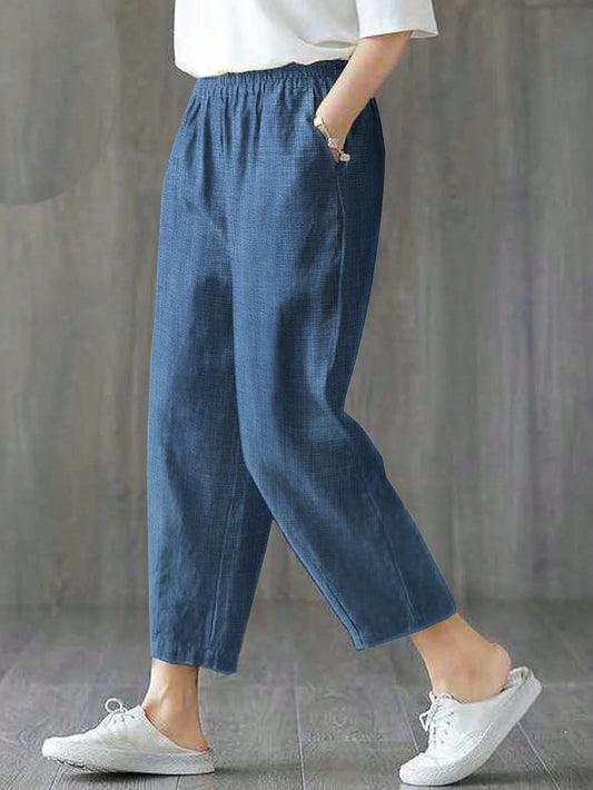 Comfortable Women's Denim Effect Color Capri Pants, Elastic Waist Straight Leg Pants With Side Pockets Summer