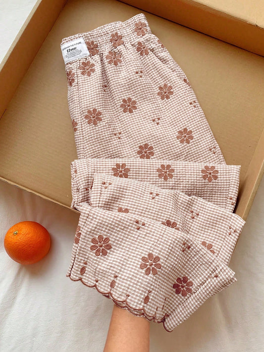 Comfortcana 2026 Spring/Summer New Women's Orange Grid Flower Embroidery Wide Leg Pants,Winter,Easter,Party,Beach,Wedding,Graduation,Elegant,Casual,Vacation,Sports, Formal,Y2k,Business,Sequin,Fringe