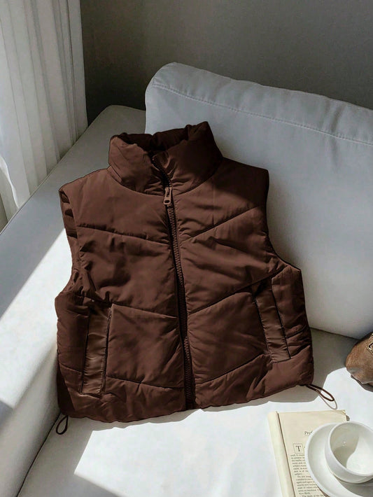 Comfortcana Plus Size Casual Stand Collar Black Padded Vest In Fall/Winter