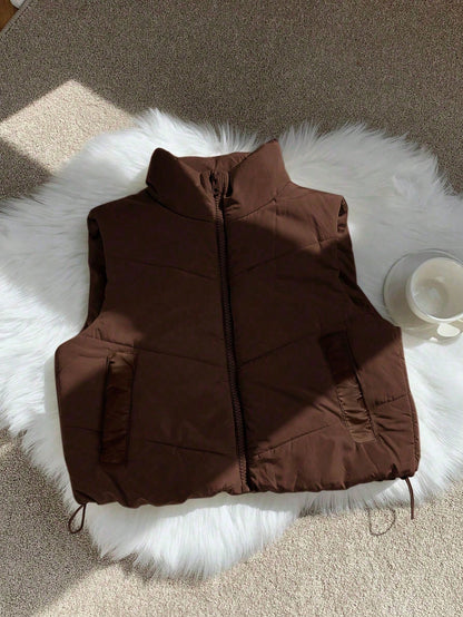 Comfortcana Plus Size Casual Stand Collar Black Padded Vest In Fall/Winter